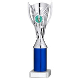 SILVER/BLUE PLASTIC 'FLASH' CUP ASSEMBLED ON MARBLE (1in CEN) - 10in